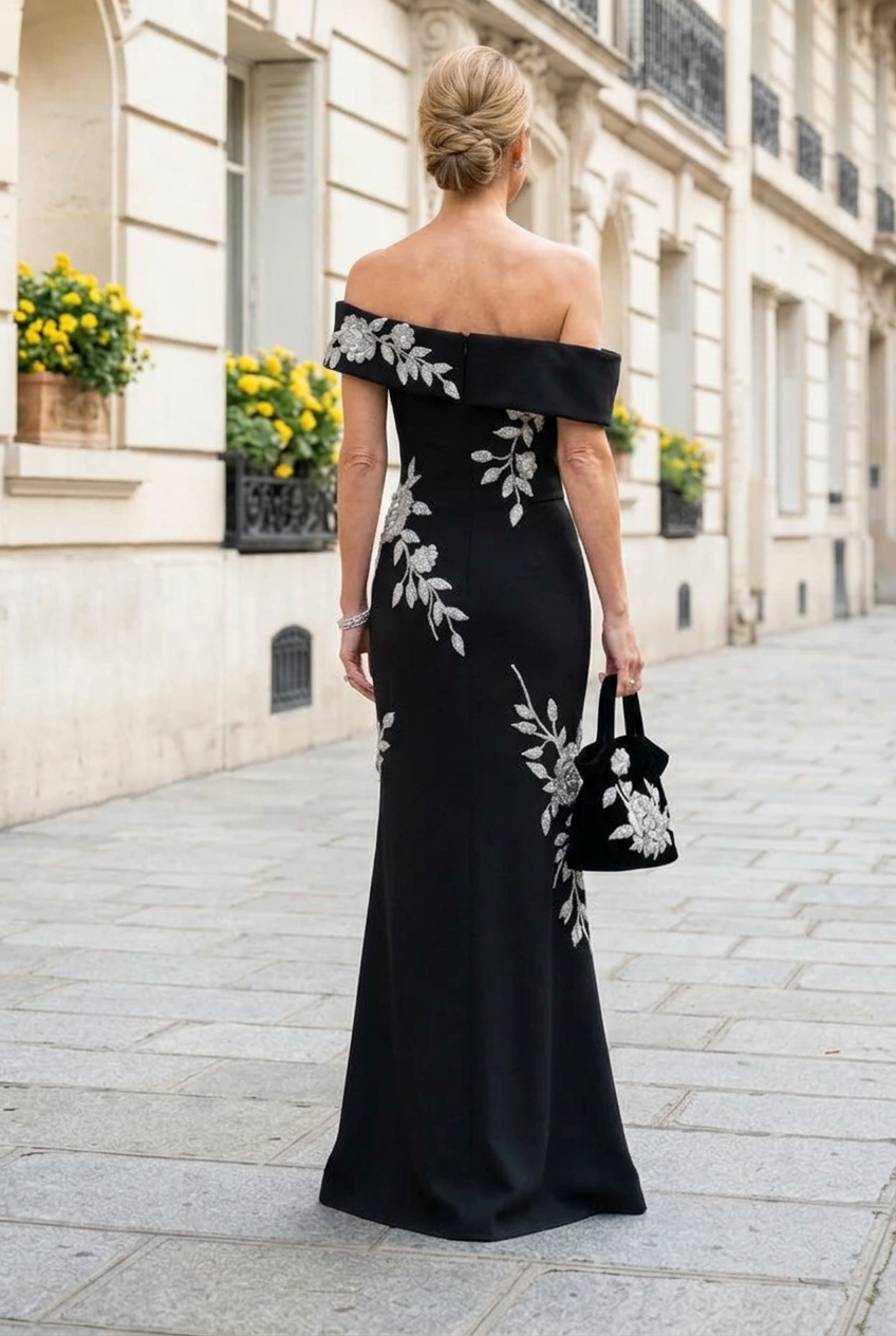Asymmetric Fold Evening Gown with Floral Appliques