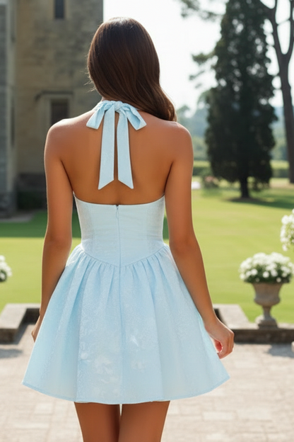 Floral Jacquard Halter Mini Dress with Basque Waist