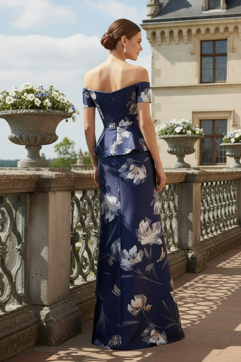 Off-the-Shoulder Asymmetrical Peplum Floral Gown