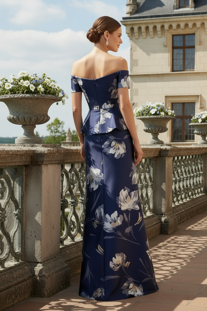 Off-the-Shoulder Asymmetrical Peplum Floral Gown
