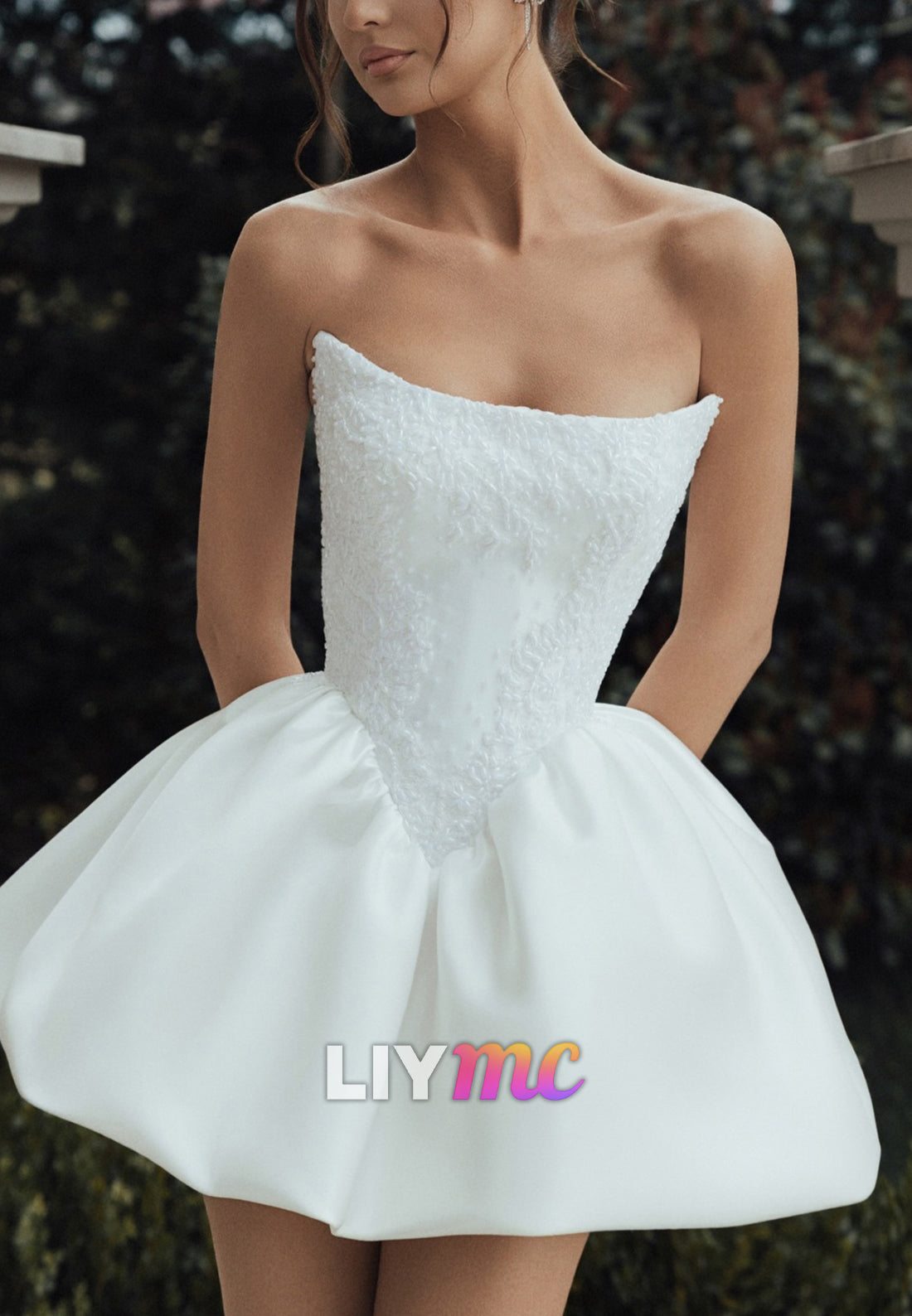 Strapless Beaded Lace Bubble Hem Mini Dress