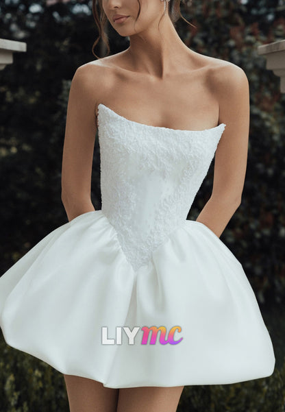Strapless Beaded Lace Bubble Hem Mini Dress