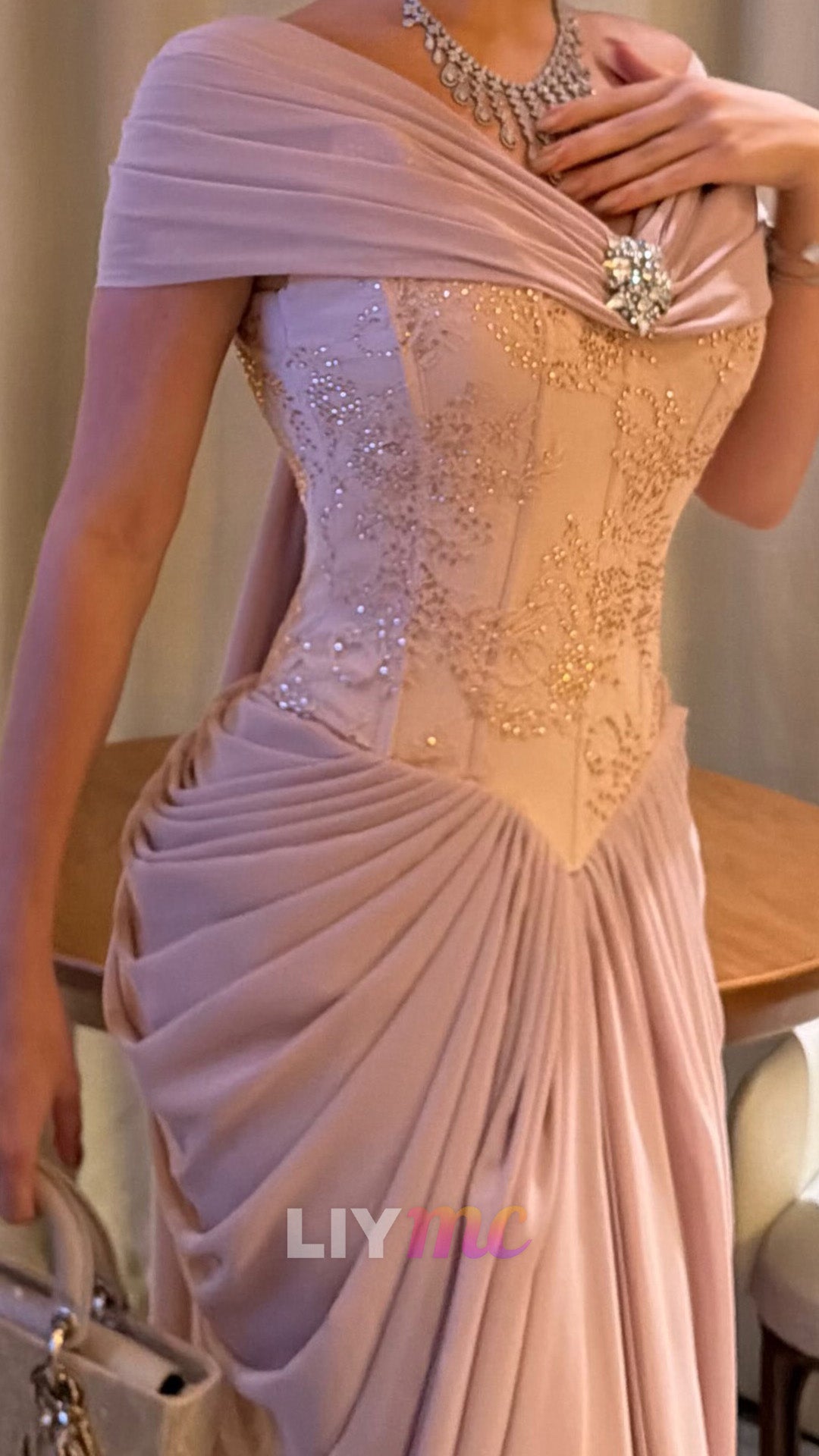 Off-Shoulder Corset Gown with Draped Skirt