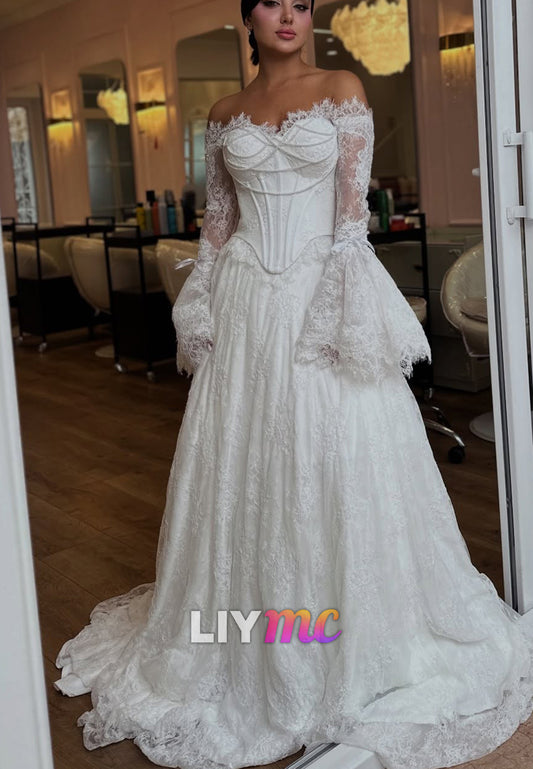 Off-the-Shoulder Lace Corset A-Line Wedding Dress