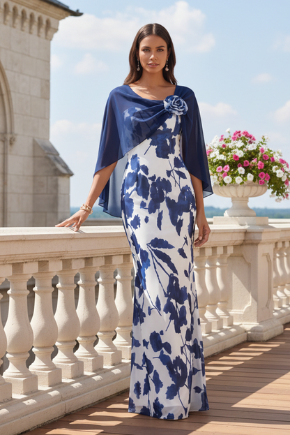 Floral Print Sheath Evening Gown with Cape