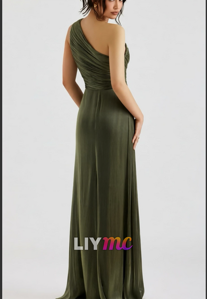 One Shoulder Ruched Slit Floor-Length Evening Gown