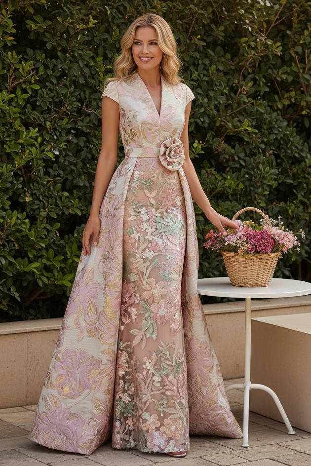 Jacquard Column Gown with Detachable Overskirt