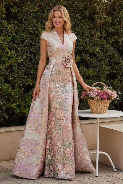 Jacquard Column Gown with Detachable Overskirt