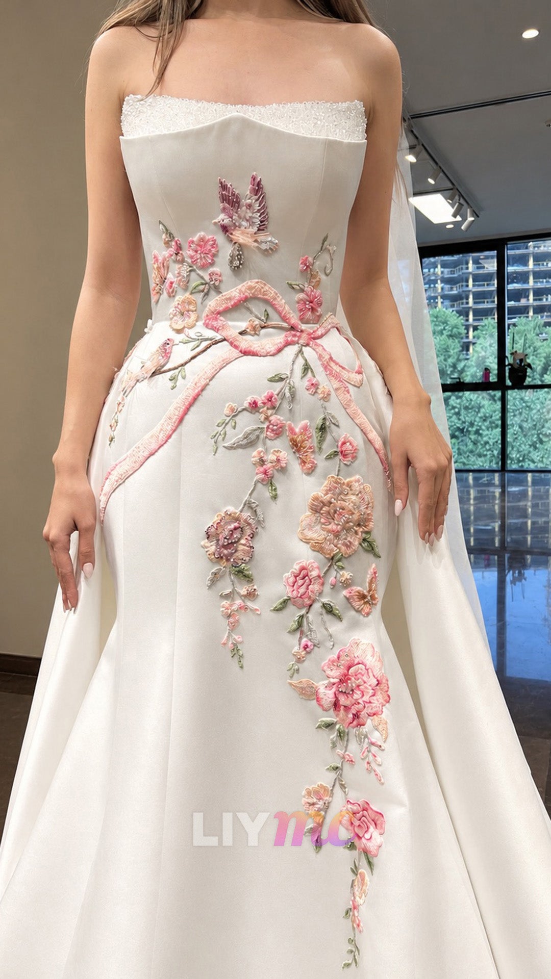 Strapless Floral Embroidered Mermaid Gown