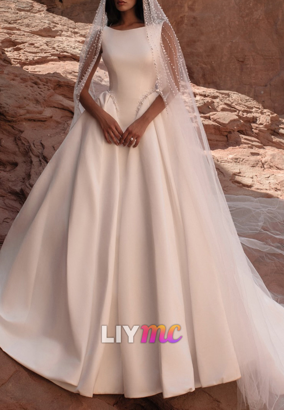 Bateau Neck Satin Ball Gown Wedding Dress