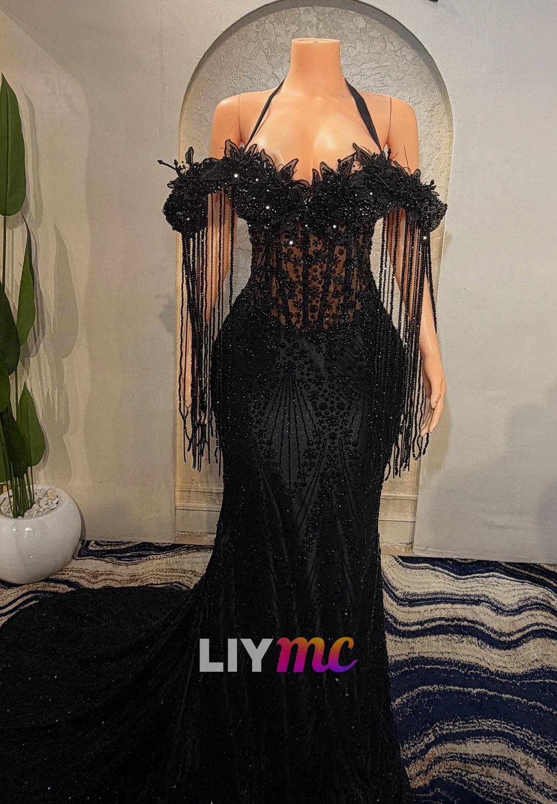 Beaded Corset Mermaid Gown with Fringe
