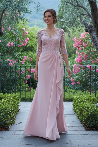 Beaded Lace V-Neck Sheath Gown with Draped Skirt