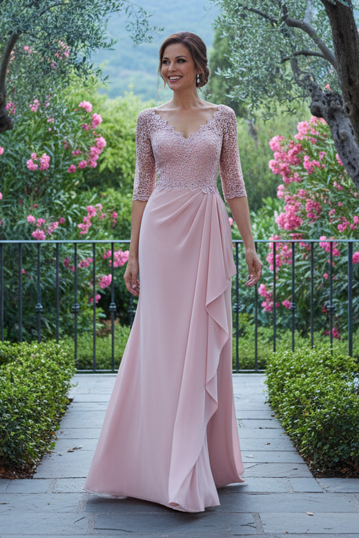 Beaded Lace V-Neck Sheath Gown with Draped Skirt