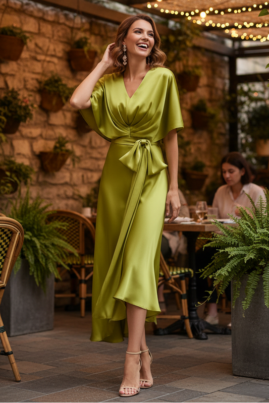 Satin V-Neck Asymmetric Draped Midi Dress