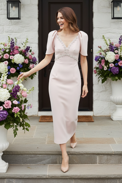 Crystal-Embellished Crepe Midi Dress with Puff Sleeves