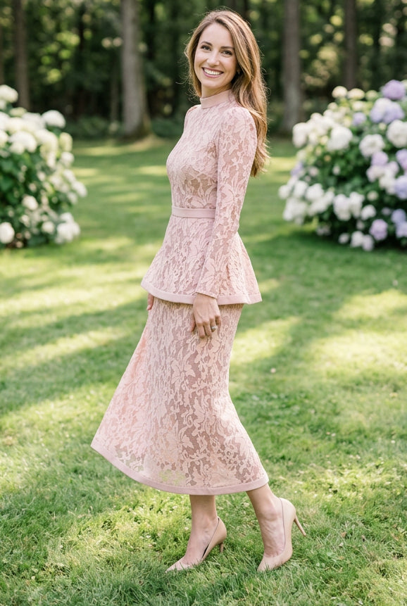 High Neck Lace Peplum Midi Dress with Long Sleeves