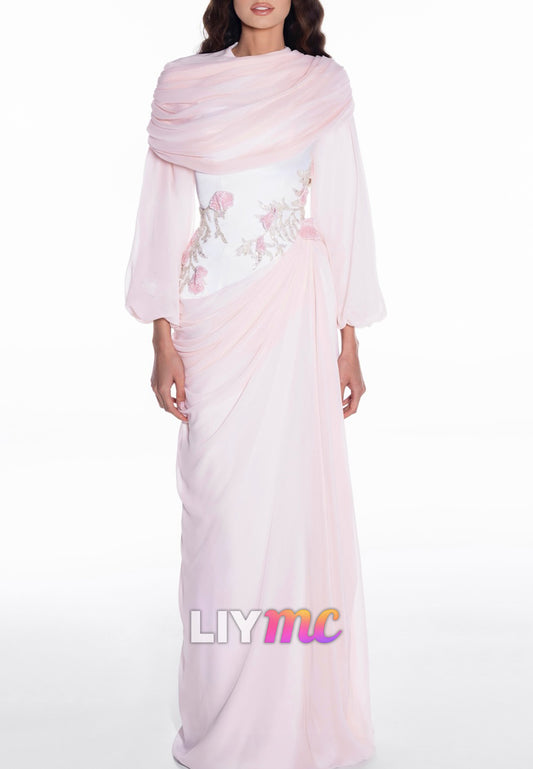 Embroidered Corset Chiffon Evening Gown with Shawl