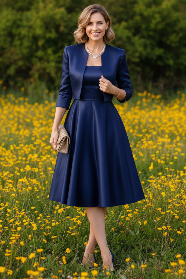 A-Line Satin Dress with Cropped 3/4 Sleeve Jacket