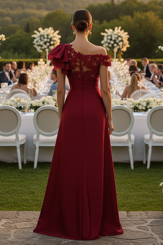 Asymmetrical Satin and Lace Evening Gown