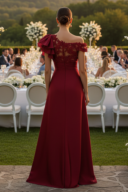 Asymmetrical Satin and Lace Evening Gown