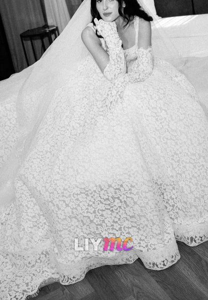 Lace A-Line Wedding Dress with Long Gloves & Veil