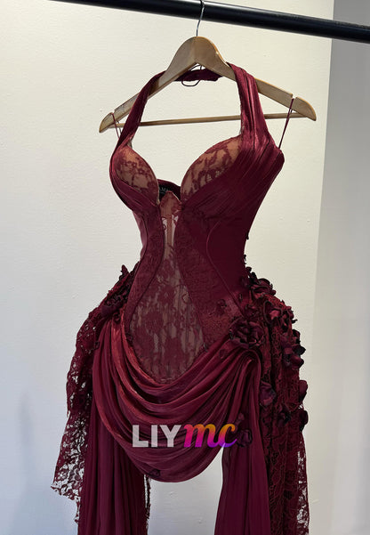 Halter Lace Corset Evening Dress with Slit