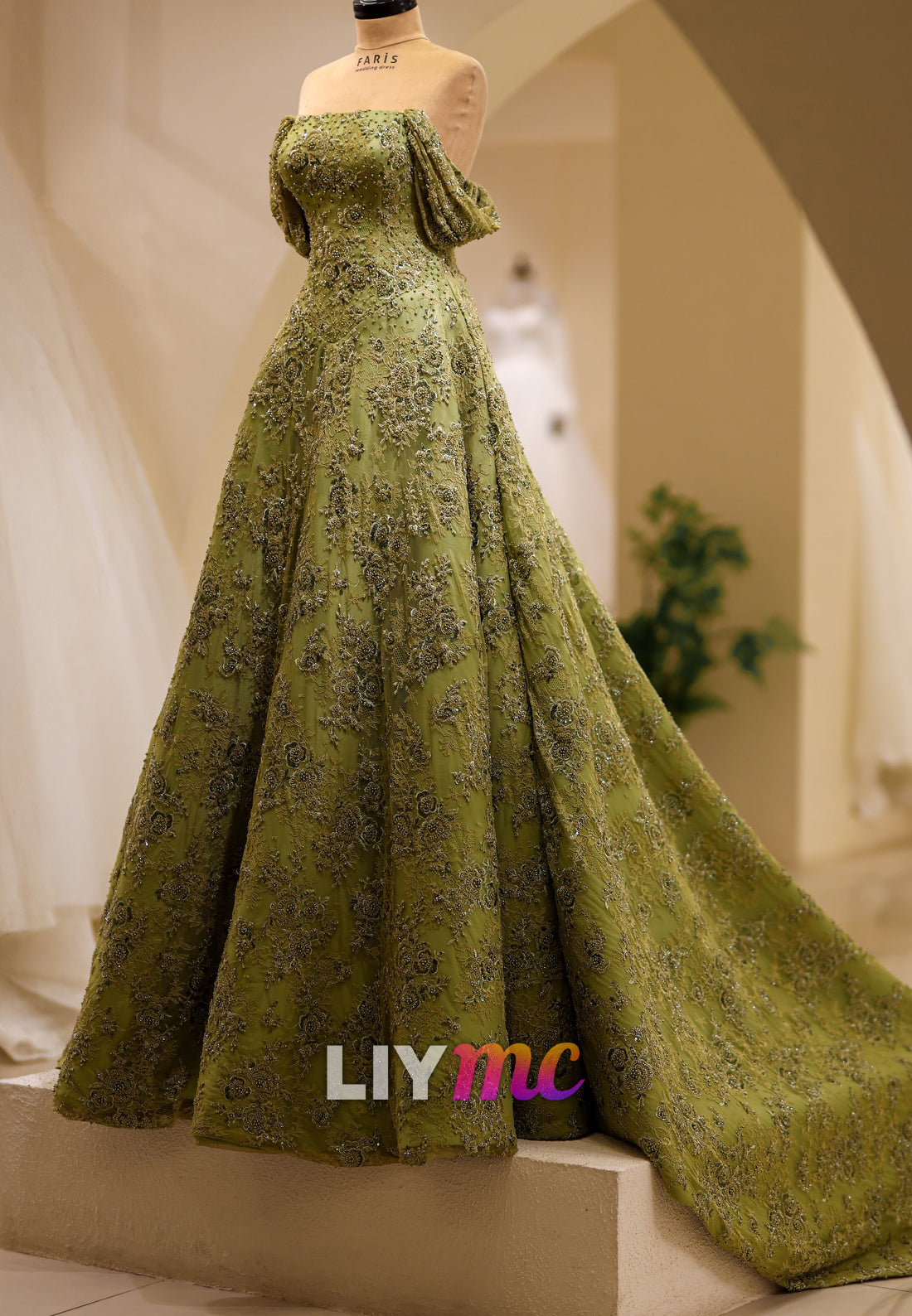 Beaded Floral Embroidery Ball Gown with Off Shoulder