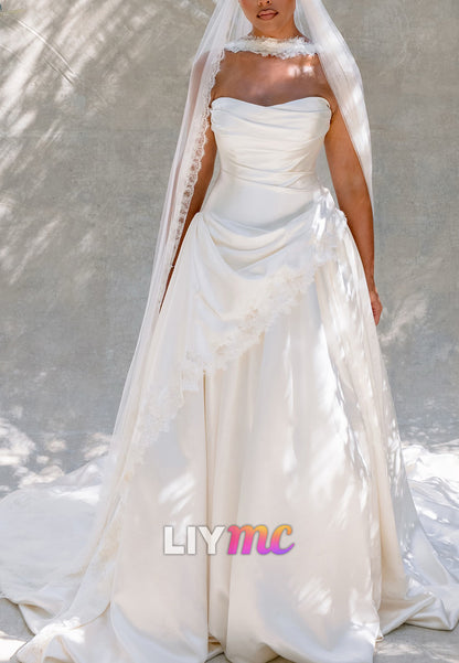 Strapless Ruched A-Line Gown with Lace Trim