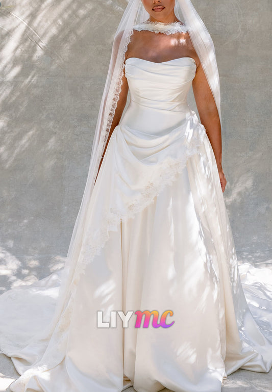 Strapless Ruched A-Line Gown with Lace Trim