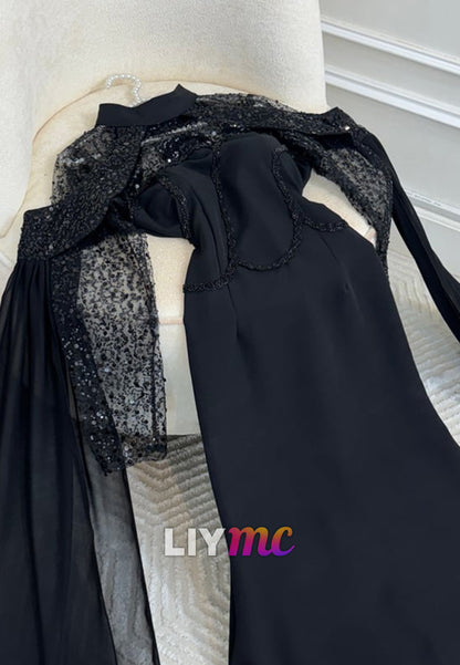 High Neck Sequin Bodice Gown with Cape Sleeves