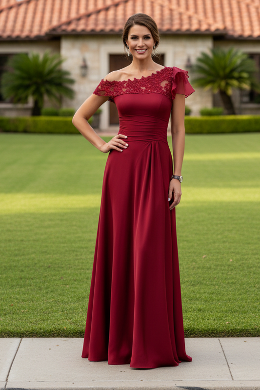 Asymmetrical Satin and Lace Evening Gown