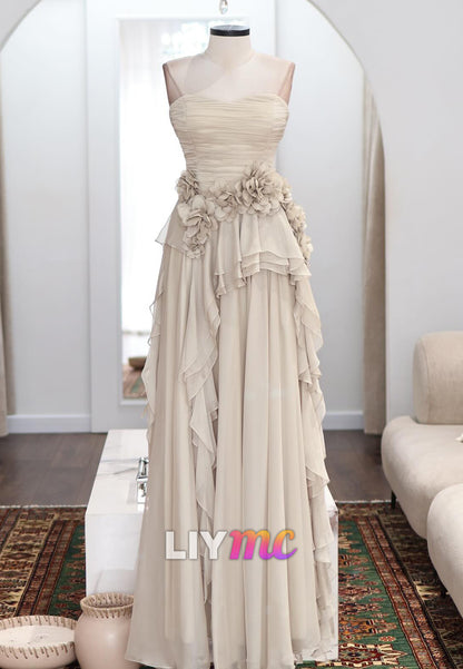 Chiffon Ruched Bodice Floral Waist Ruffled Gown