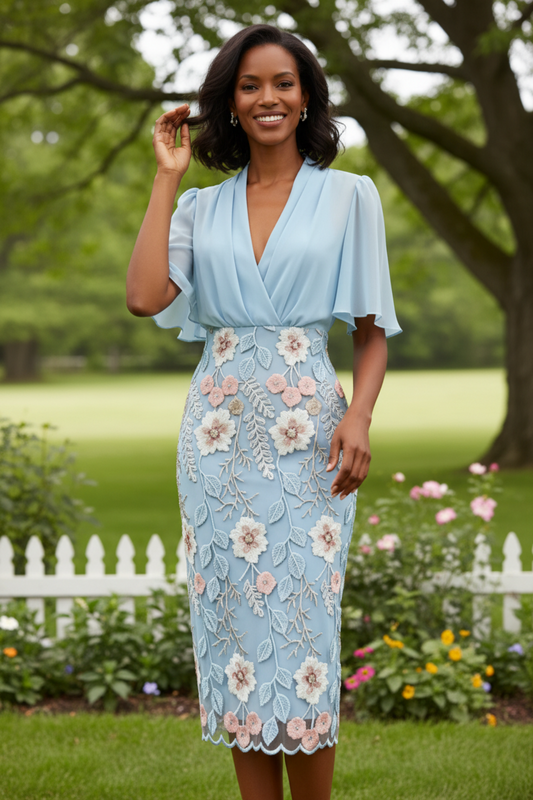 Embroidered Floral Midi Dress with Flutter Sleeves