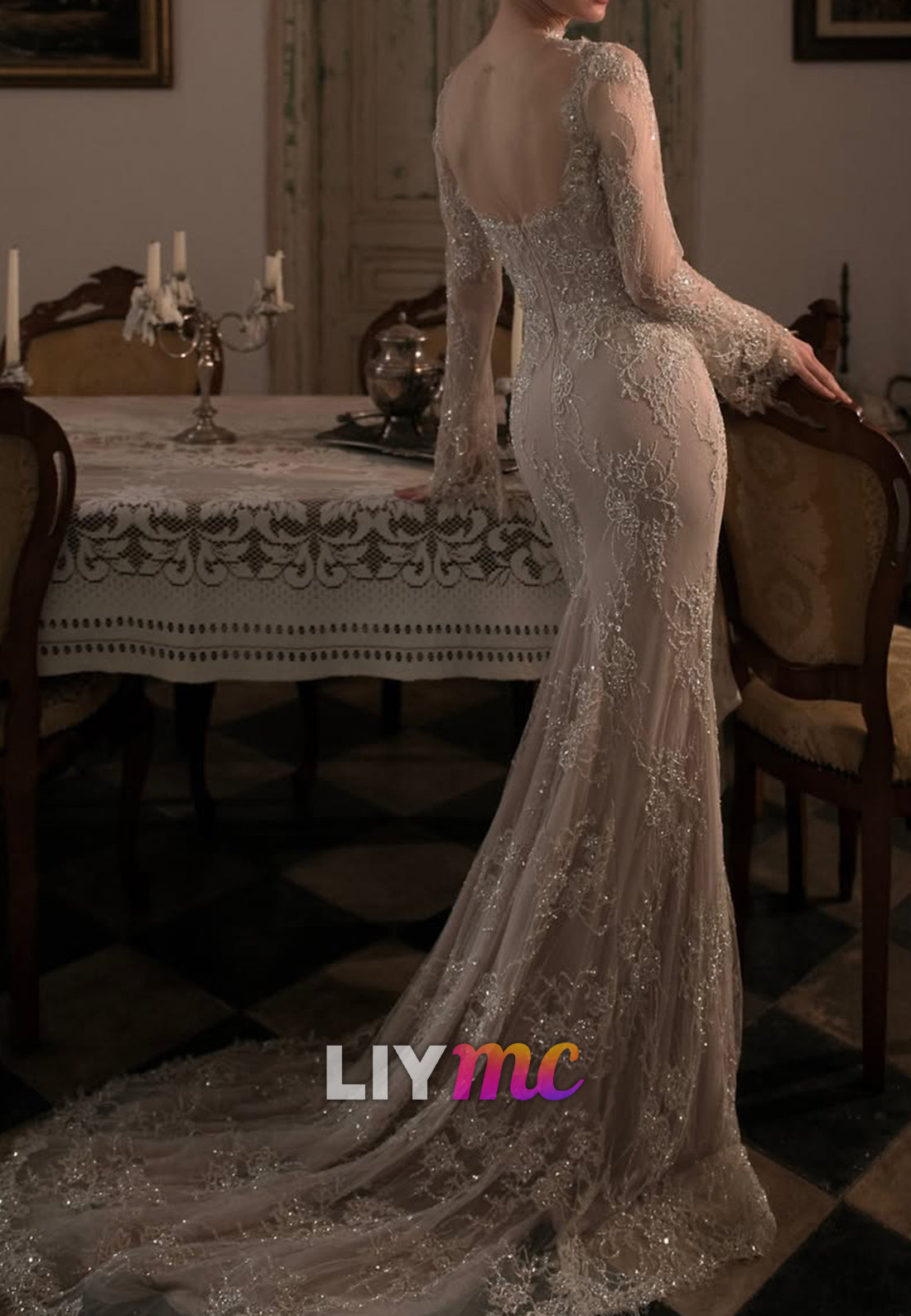 Lace Illusion High Neck Mermaid Gown