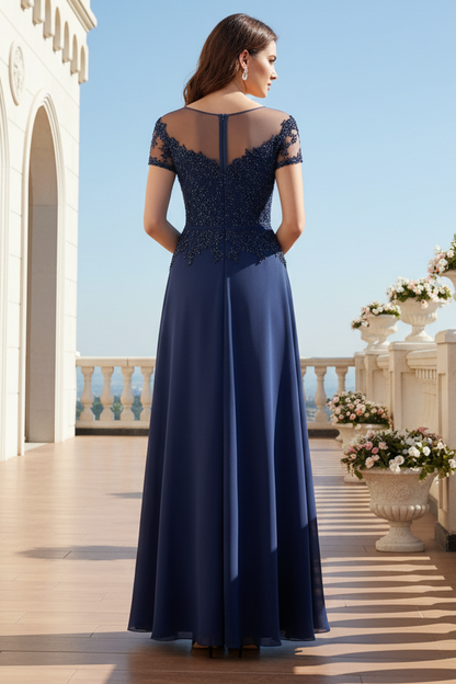 Illusion Neck Beaded Lace Chiffon A-Line Gown