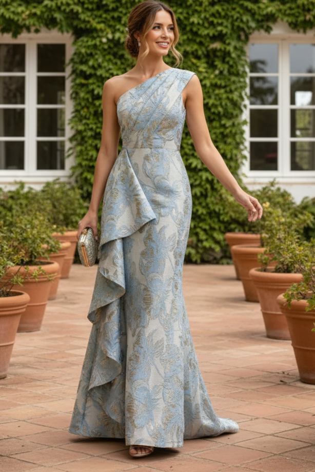 One-Shoulder Floral Jacquard Gown with Cascading Ruffle