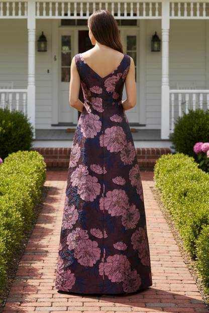 Floral Jacquard Sleeveless A-Line Evening Gown
