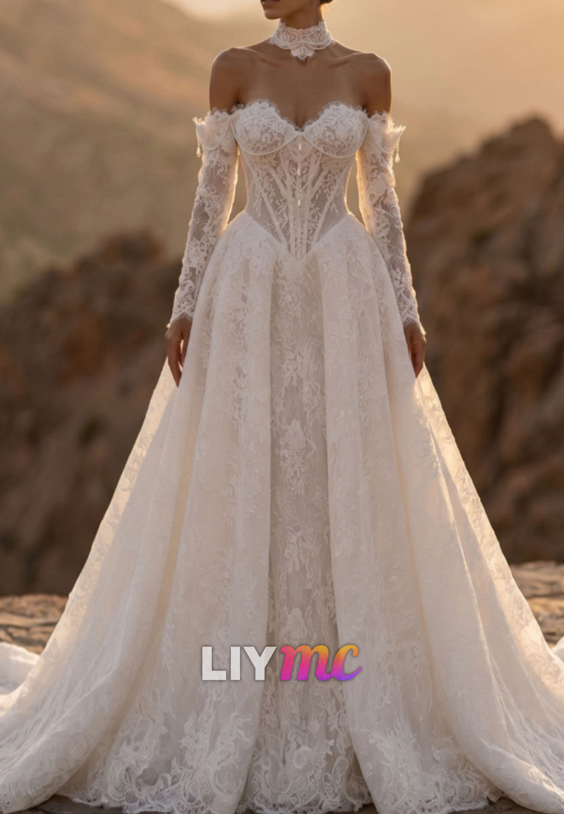 Corset Lace Wedding Dress with Long Sleeves