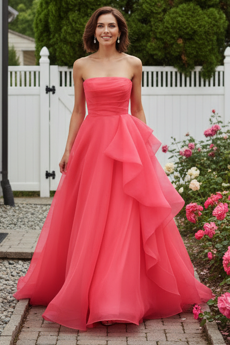 Strapless Organza Gown with Cascading Ruffles