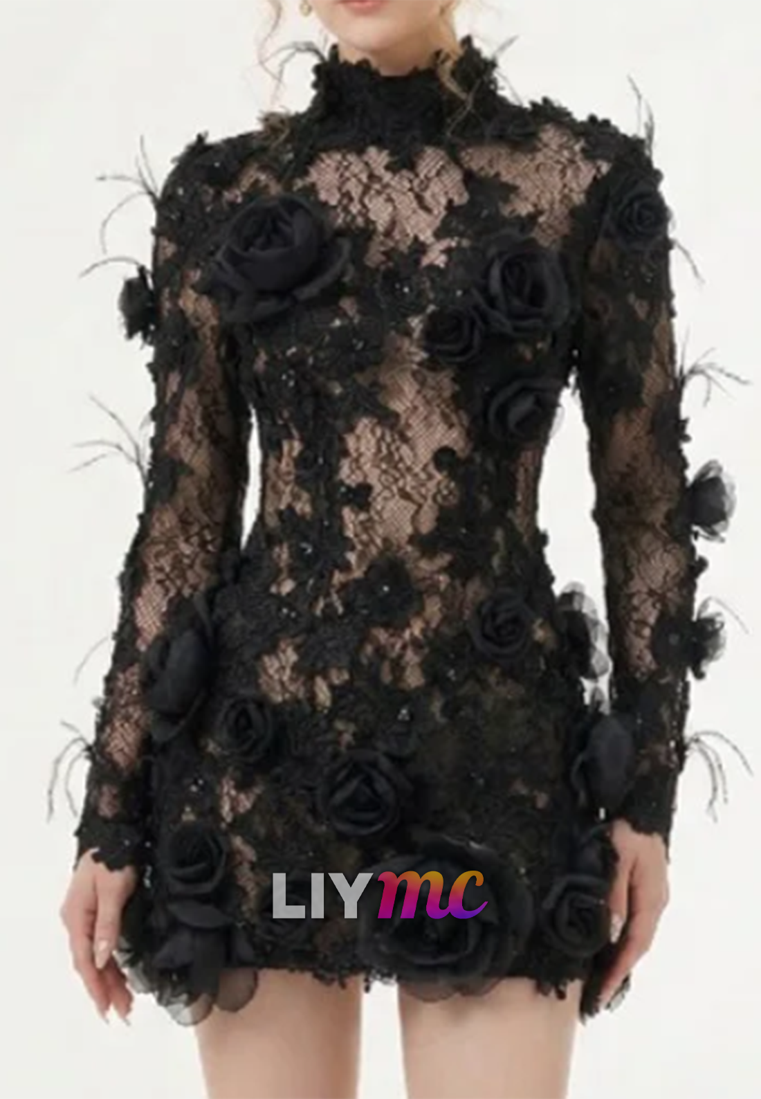 Long Sleeve 3D Rose Lace Mini Dress with Feather Trim