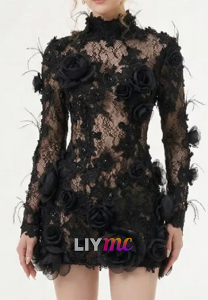 Long Sleeve 3D Rose Lace Mini Dress with Feather Trim