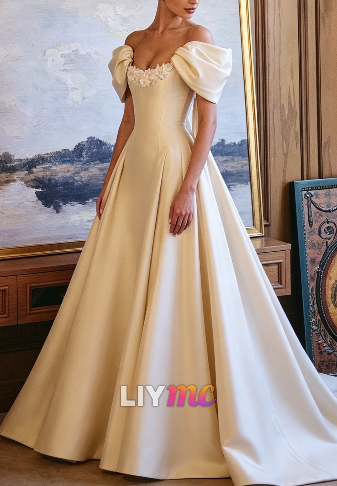 Off-Shoulder Satin A-Line Wedding Gown with Floral Bodice