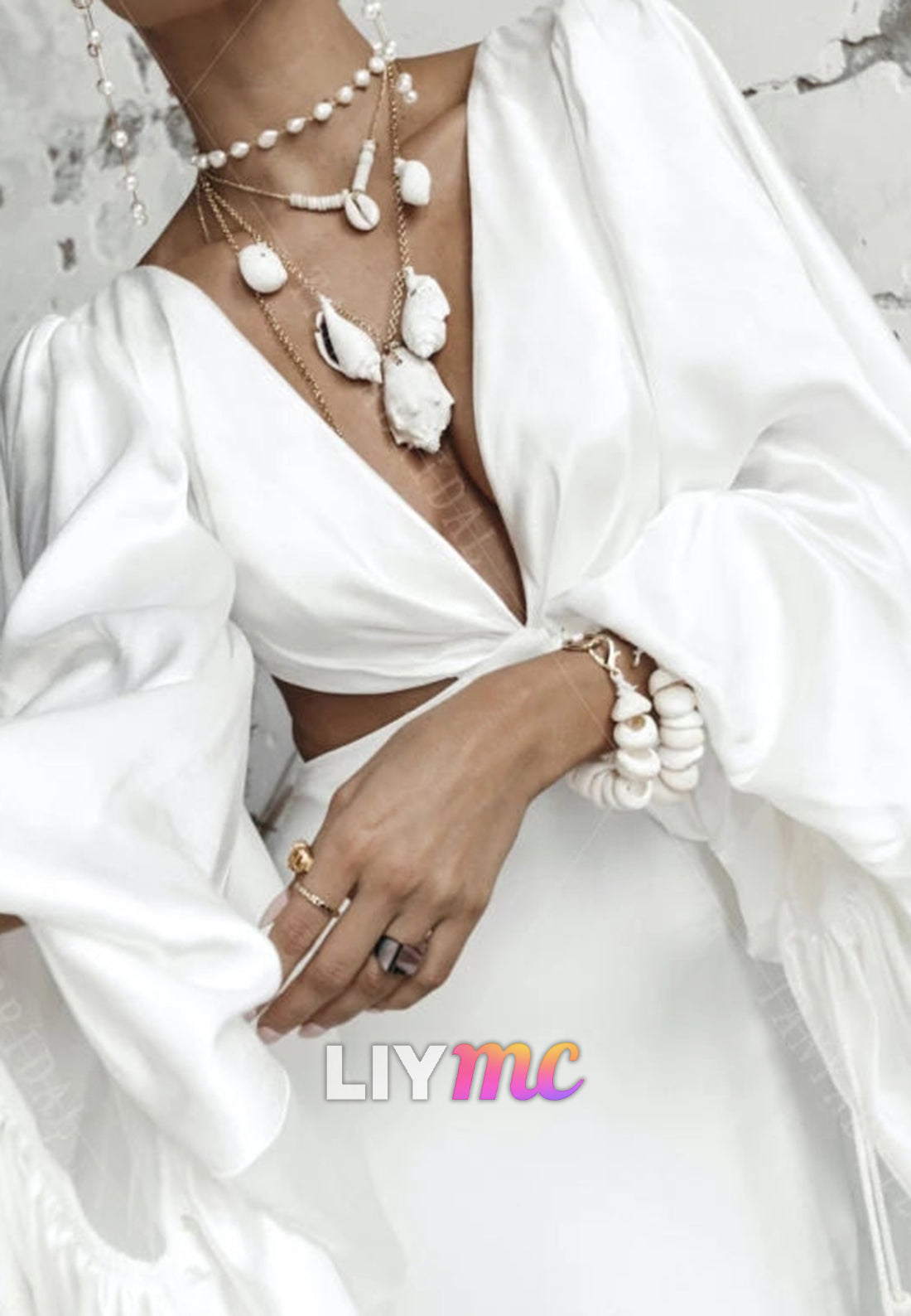 Deep V Cutout Mermaid Wedding Dress Long Bell Sleeves