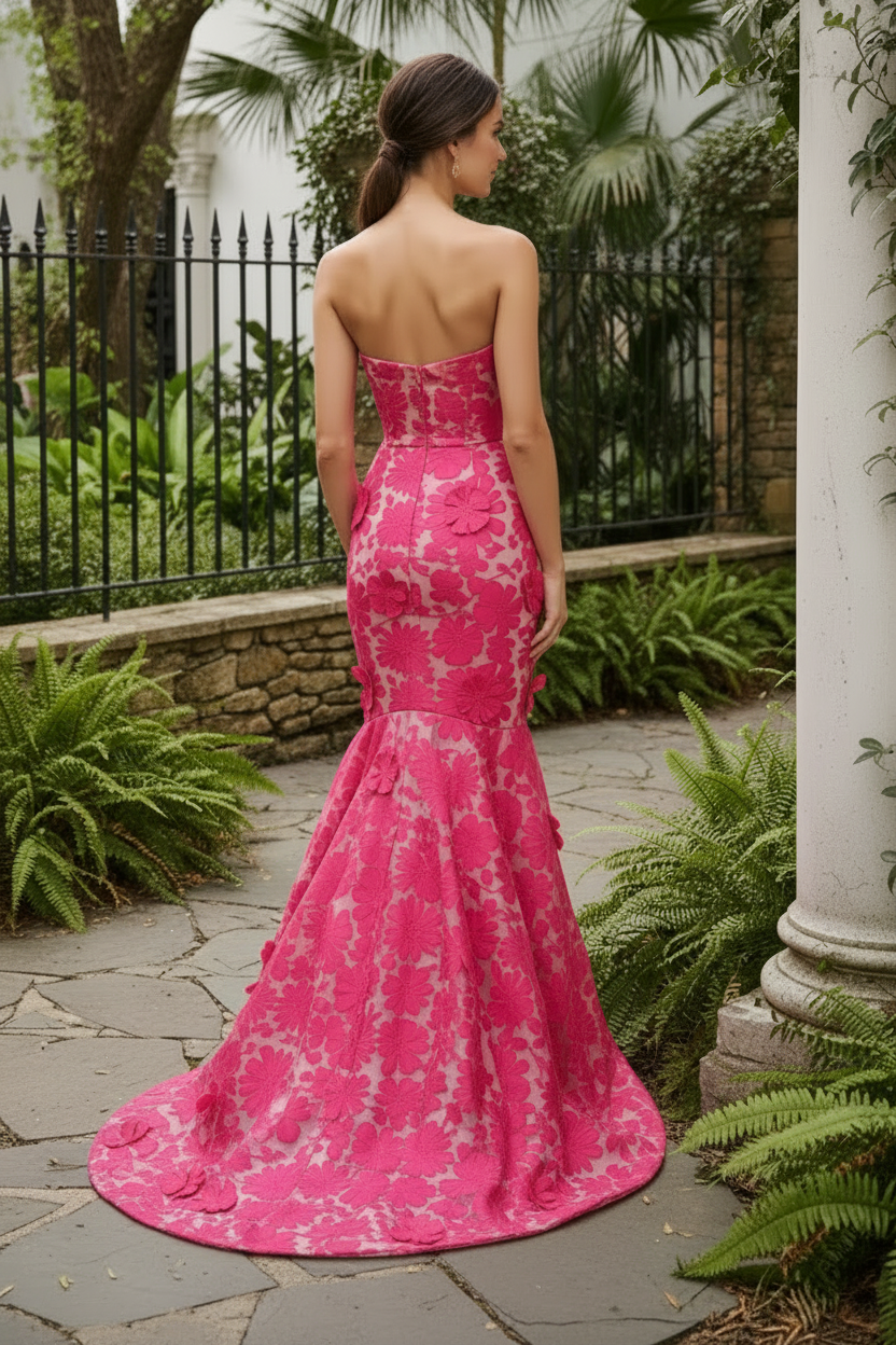 Strapless 3D Floral Mermaid Evening Gown