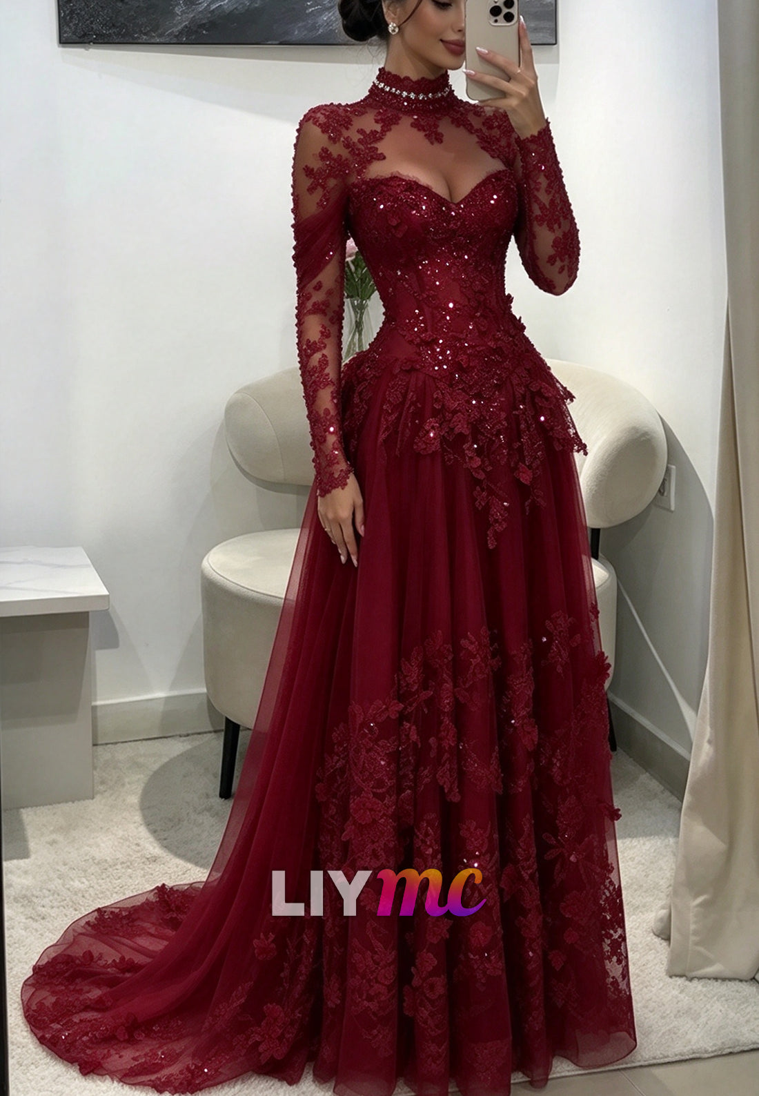 High Neck Sequin Lace Evening Gown with Train