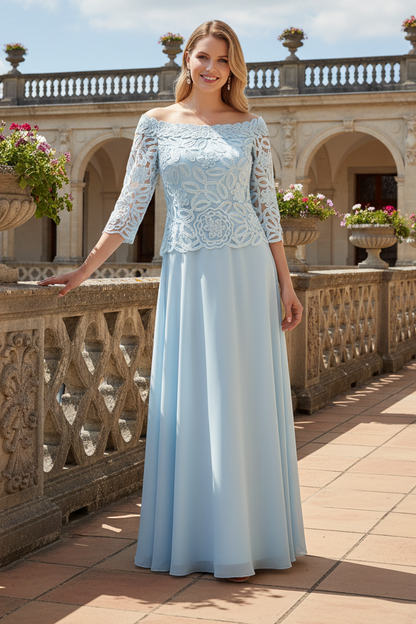 Off-the-Shoulder Lace & Chiffon Evening Gown