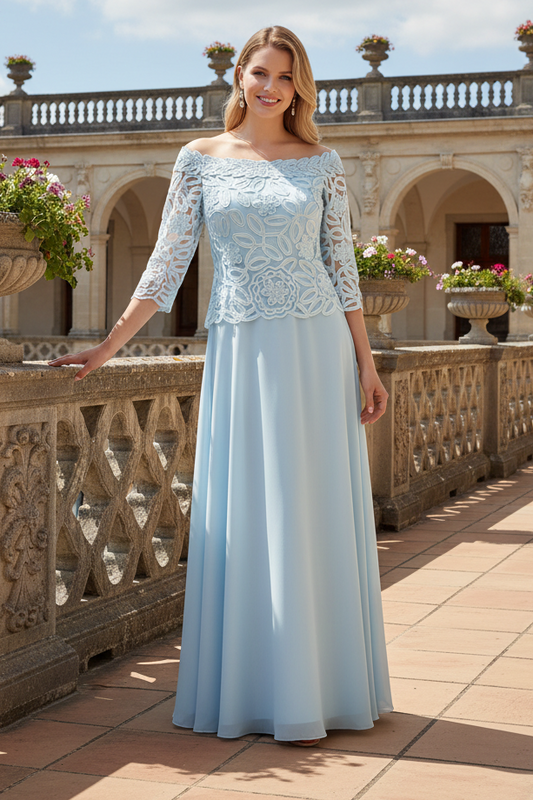 Off-the-Shoulder Lace & Chiffon Evening Gown
