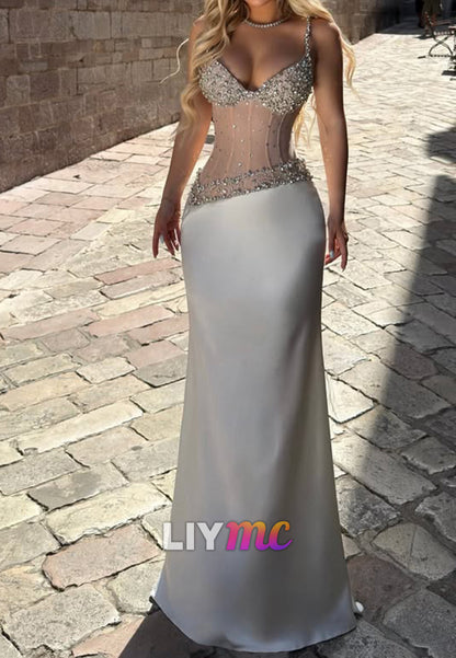 Beaded Illusion Corset Gown with Satin Skirt