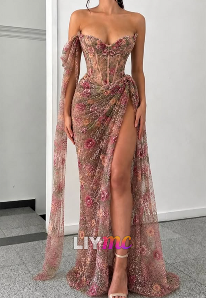 Floral Embroidered Corset High Slit Evening Gown