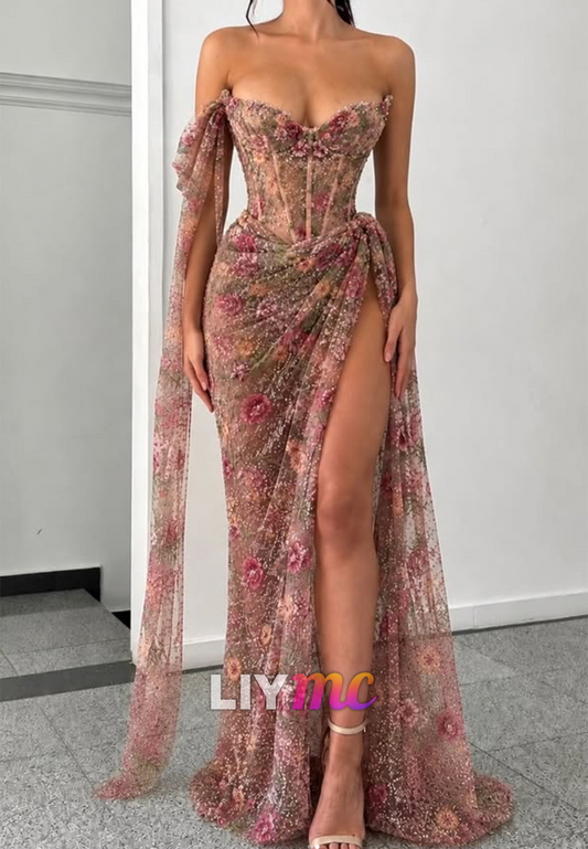 Floral Embroidered Corset High Slit Evening Gown